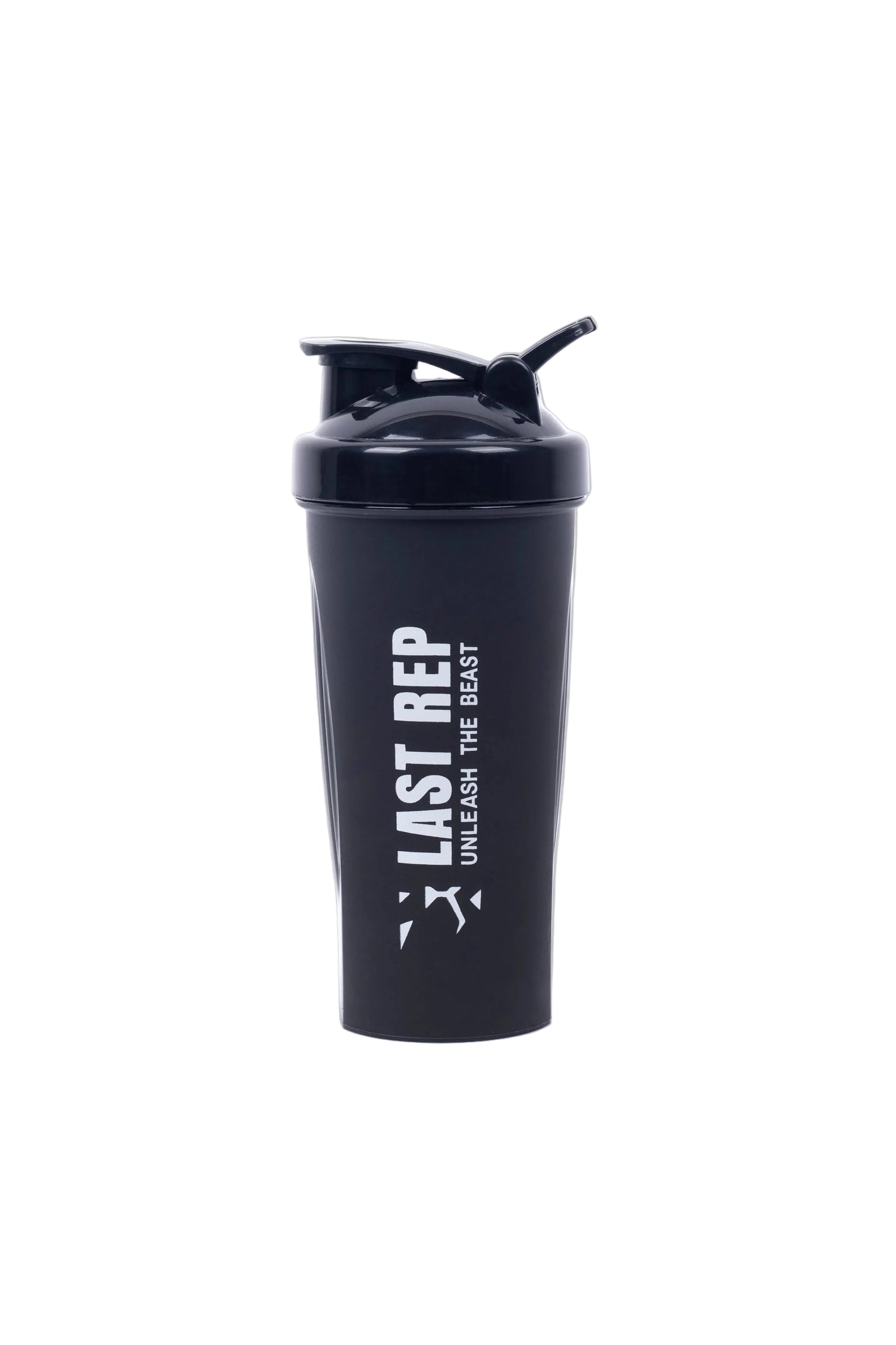 A matte black gym shaker cup with a flip-top lid, spout for drinking, and branding on the side.