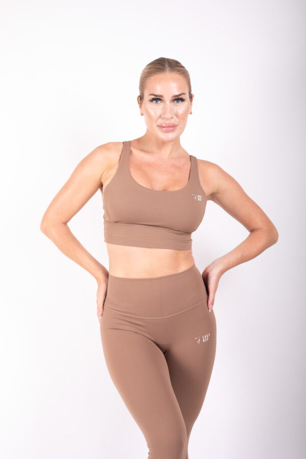 Comfortable Nude Brown Yoga Set with Cross Back Design